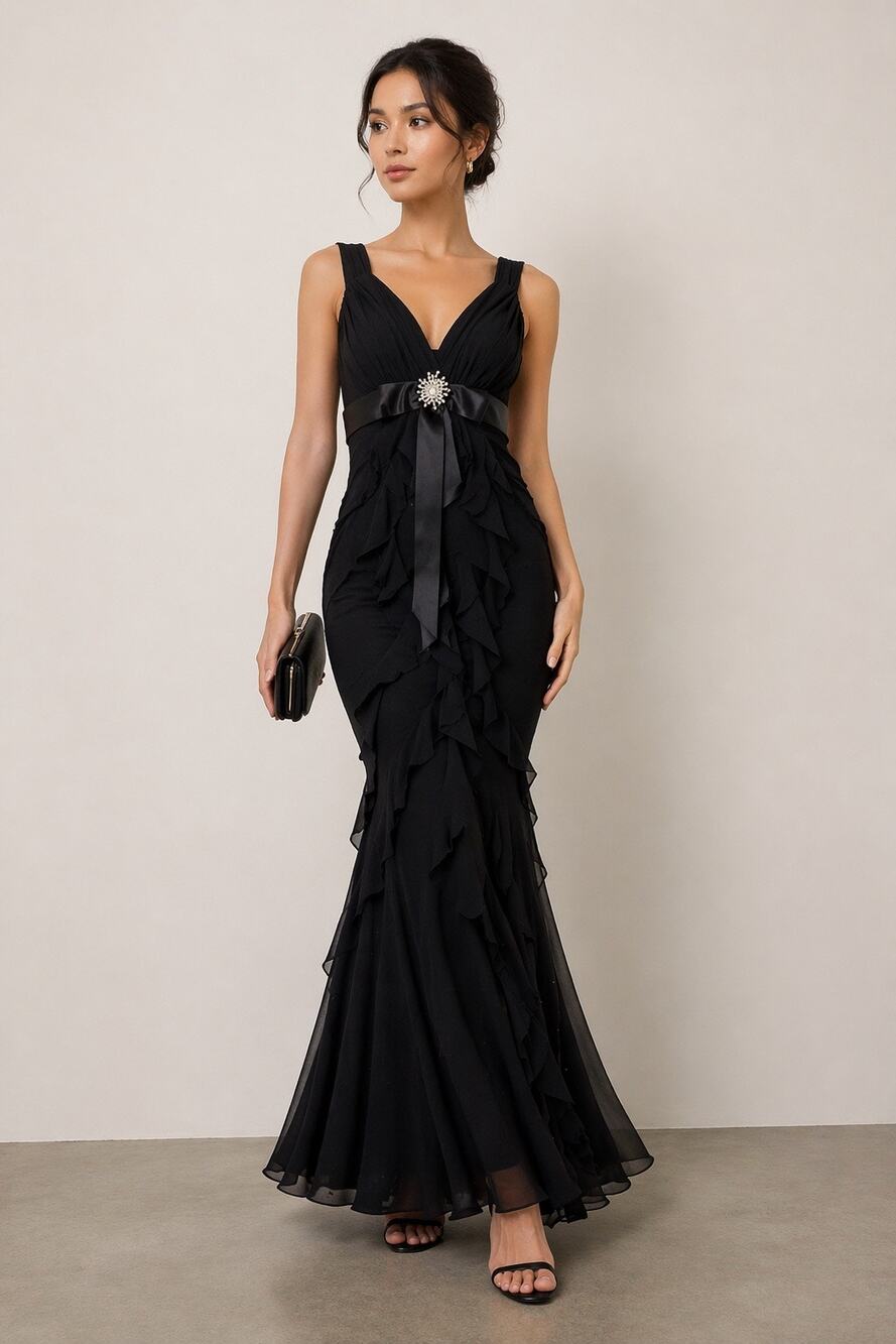 Vintage 90s Betsy & Adam Evening Gown Dress Size 4 Petite Black Bejeweled Ruffle